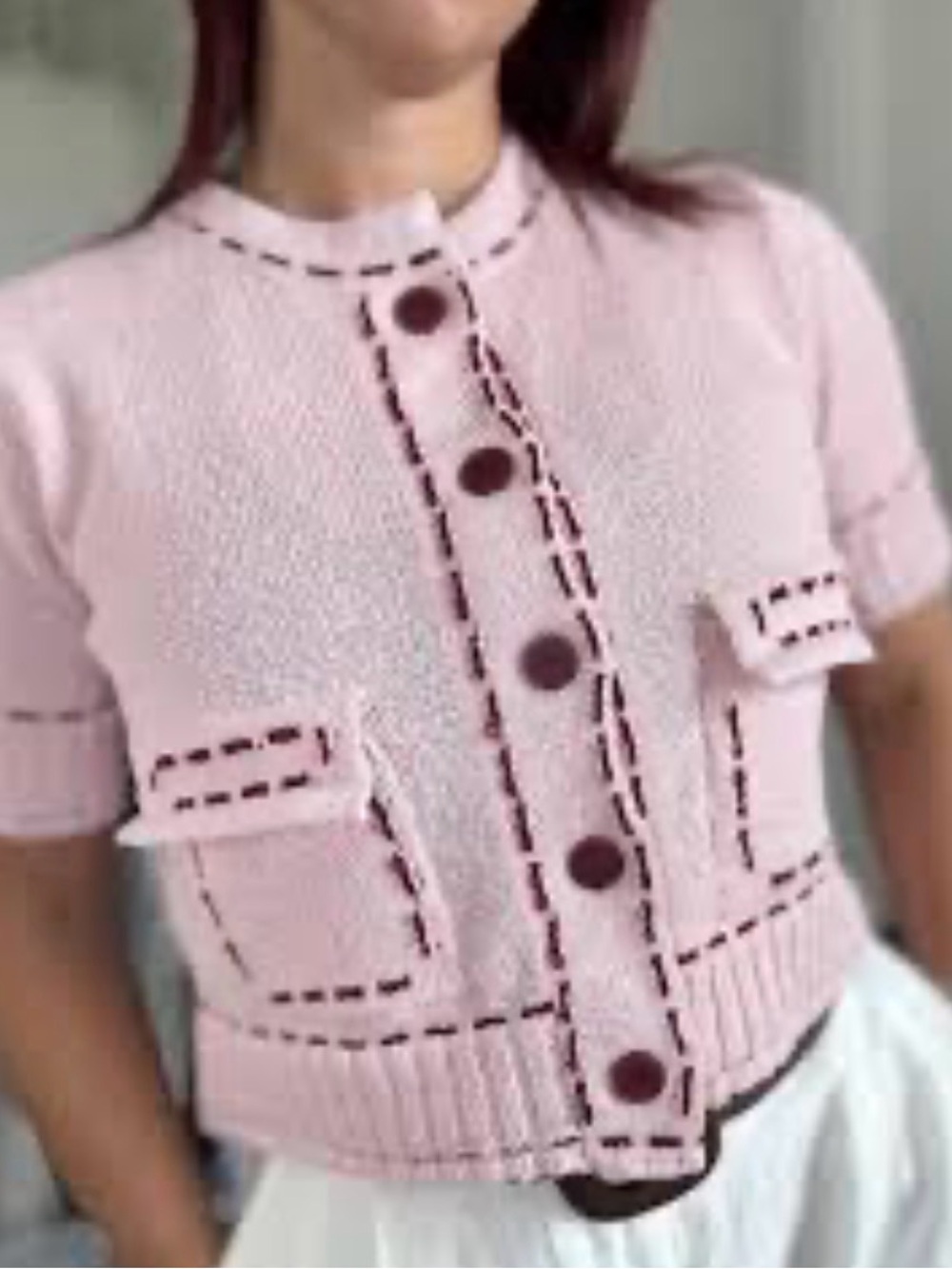 Active USA Pink Short-Sleeve Knit Cardigan with Contrast Trim Size Medium